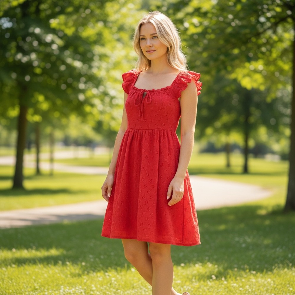 Aeropostale Red Eyelet Milkmaid Mini Dress Ruffle Sleeve LXPACA325 Red L